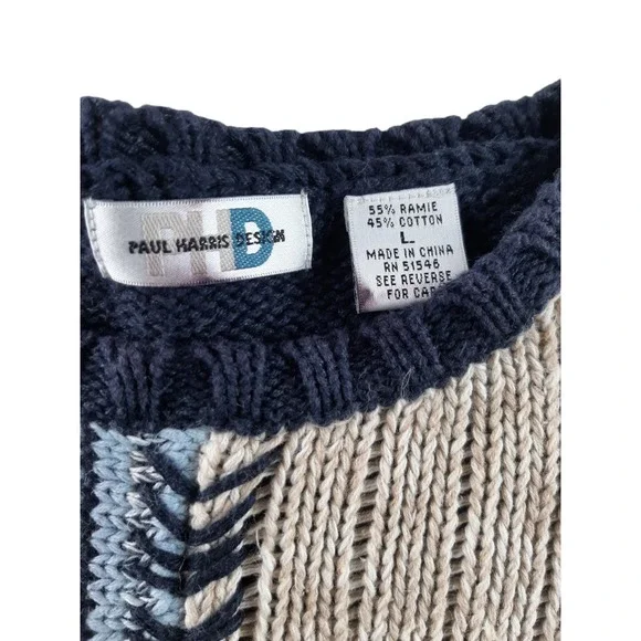 Vintage Paul Harris Women's Blue Cream Striped Mix Knit Chunky Grandpa Sweater L - Picture 5 of 9